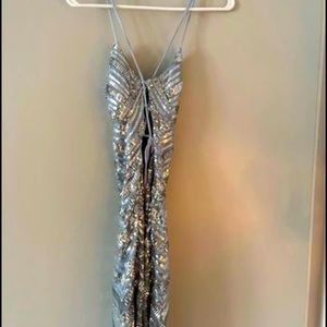 Semi formal light blue and silver sparkle backless dress